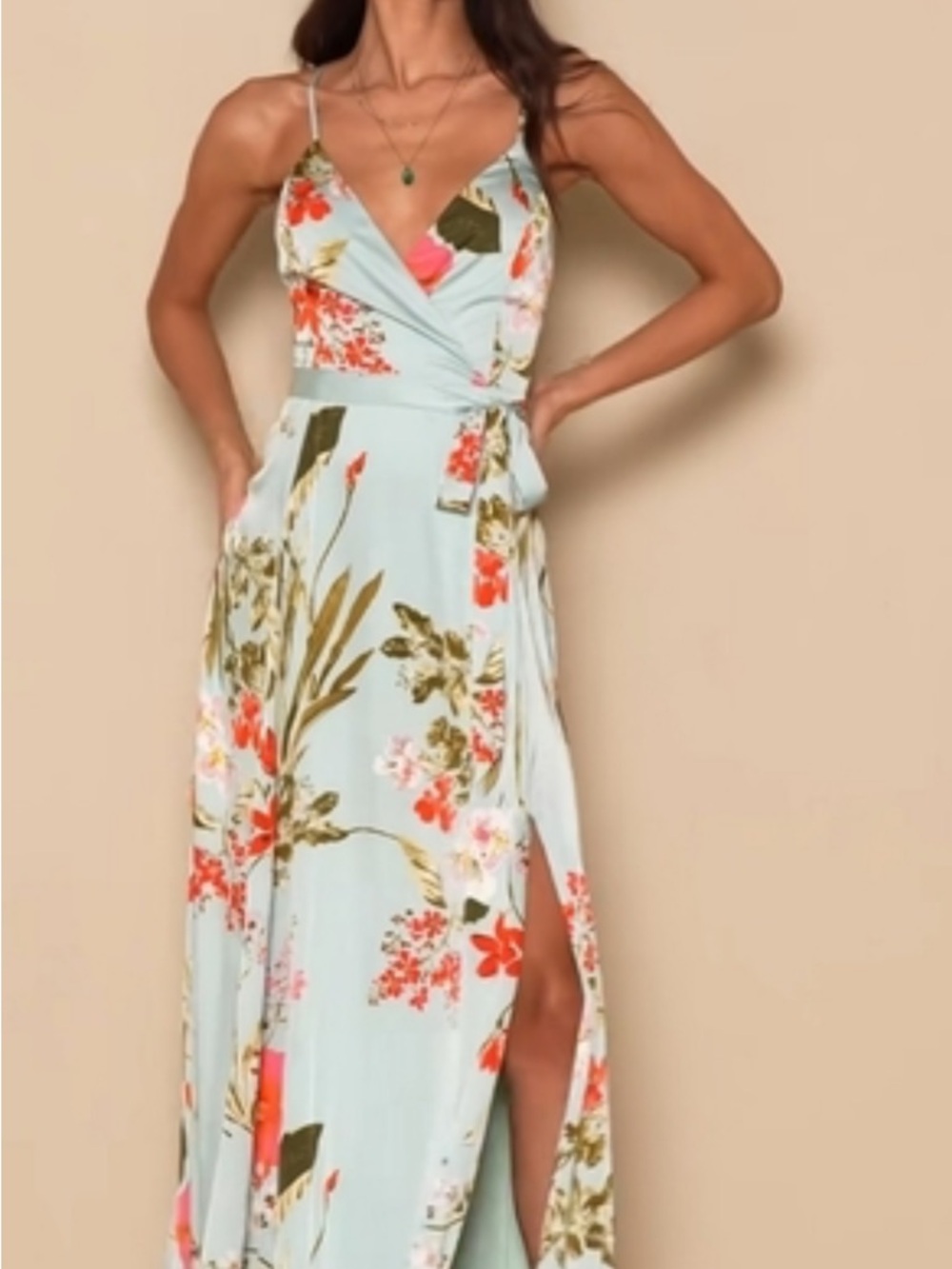 Lulu's Mint Floral Wrap Maxi Dress with Coral Accents